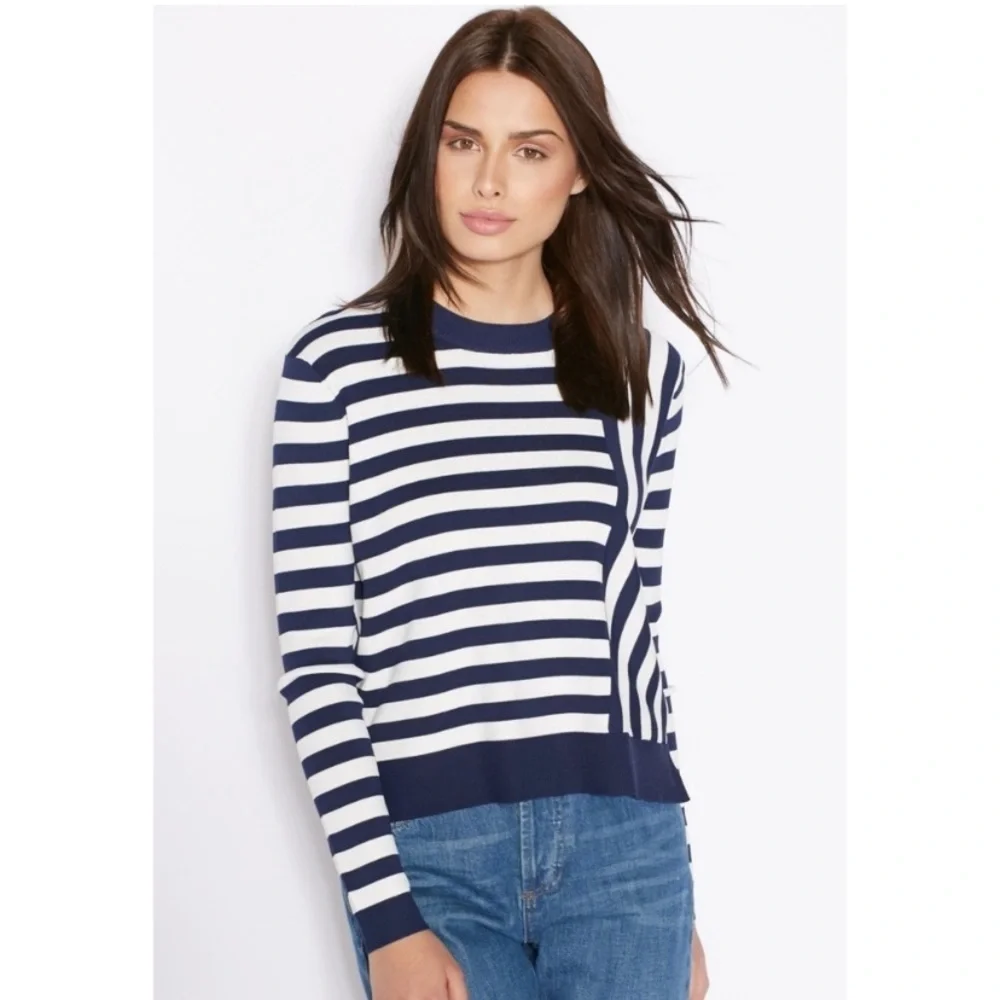 Topshop Asymmetrical  Striped Crew Neck Navy Blue White Crew Neck Sweate…